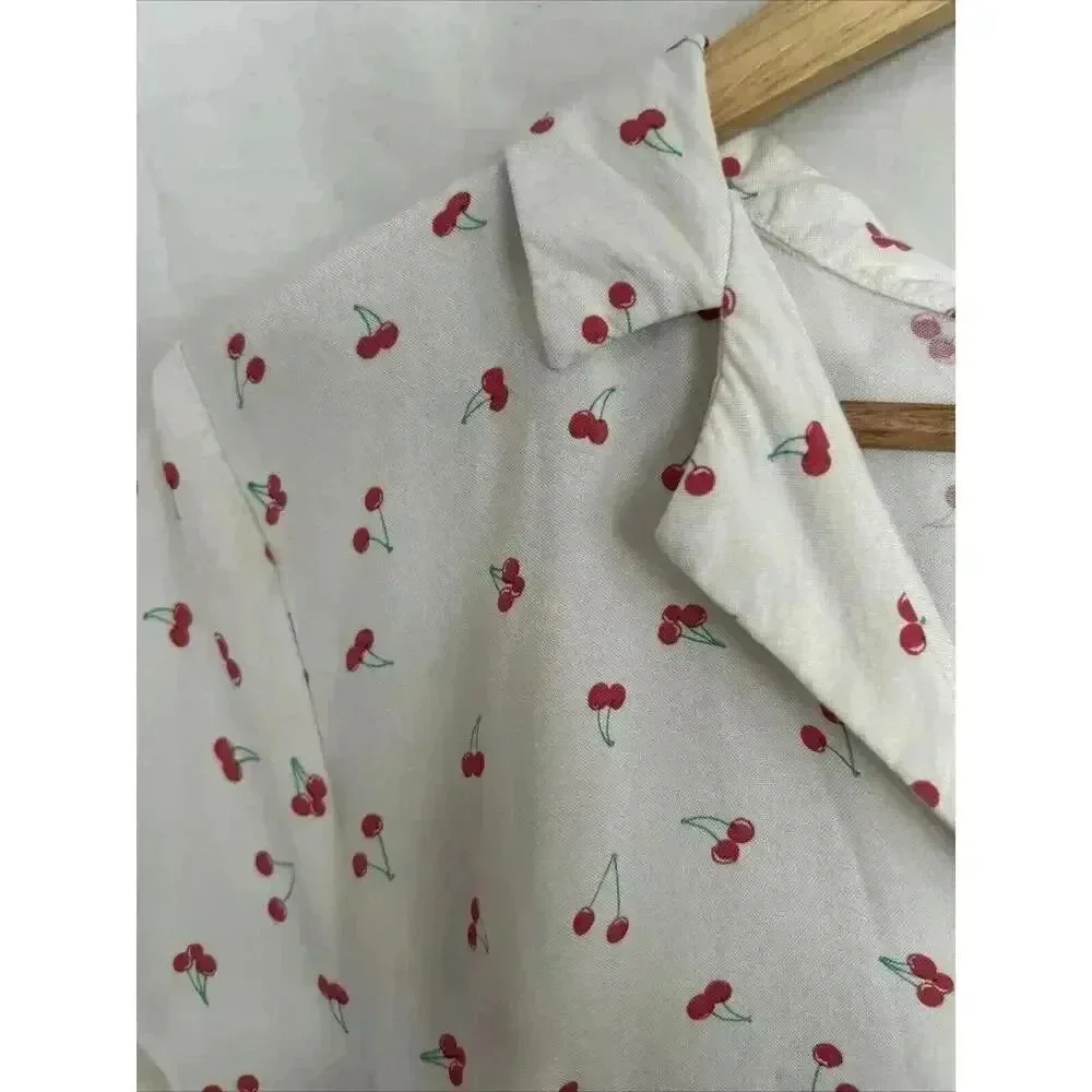 Cherry Print Retro Rockabilly Mini Dress Button Down Tie Back SO Size Large